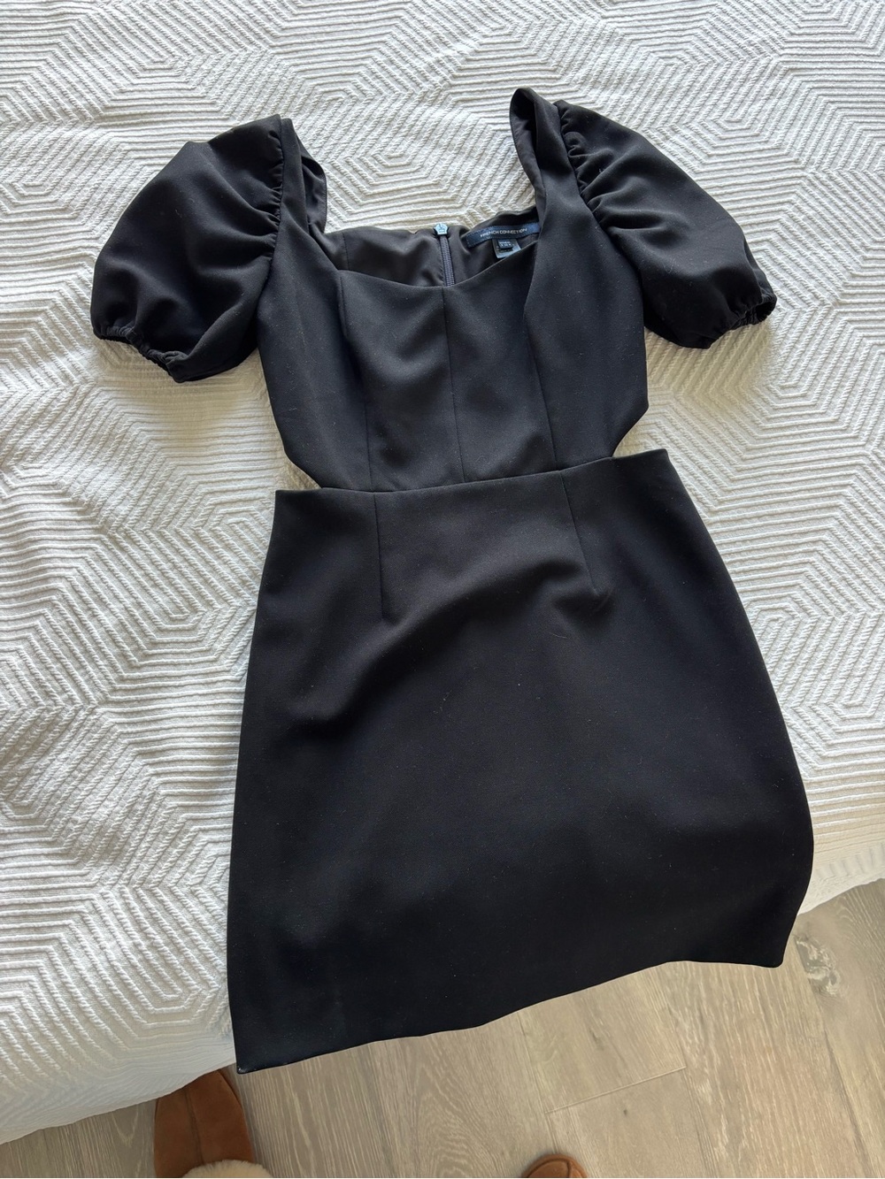 Black Puff-Sleeve Square Neck Dress with Waist Cut Outs